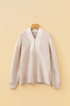Solid Color Textured Zip V Neck Pullover Sweatshirt