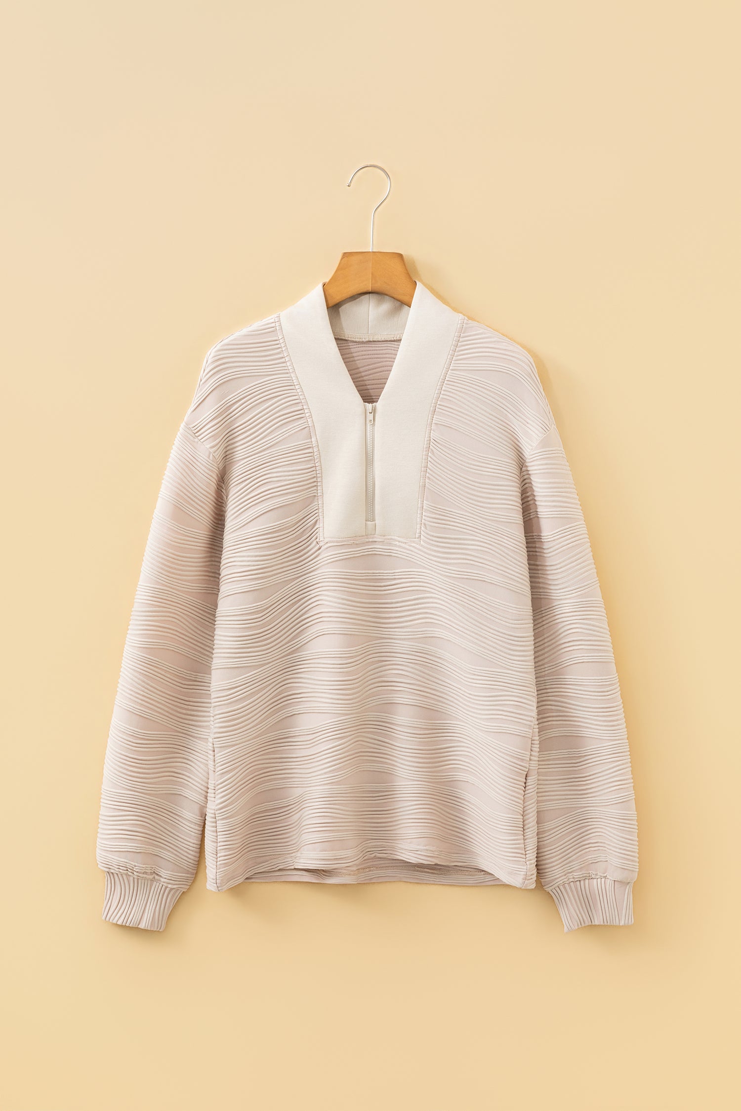 Solid Color Textured Zip V Neck Pullover Sweatshirt