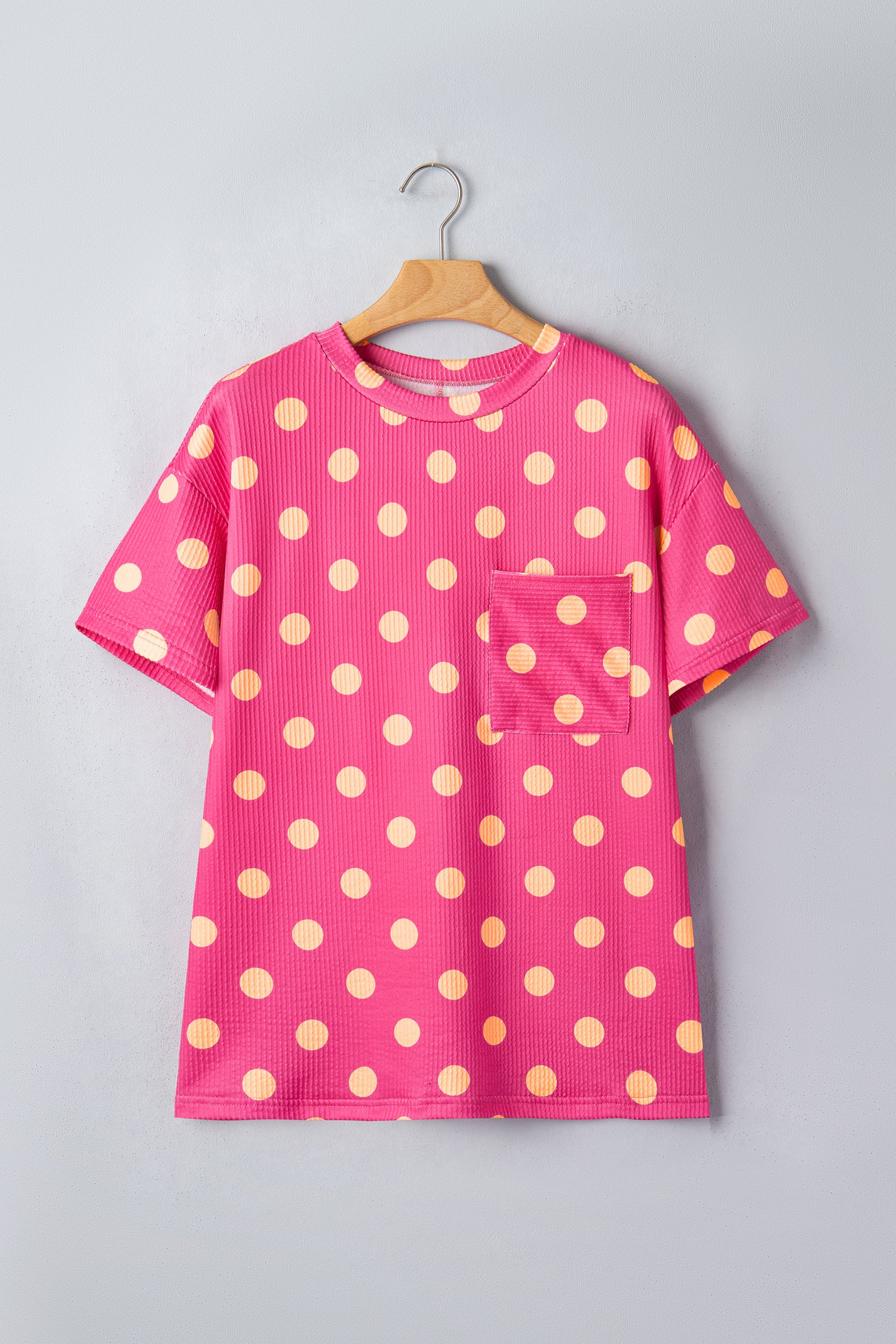 Polka Dot Round Neck Drop Shoulder Patch Pocket Jacquard Texture Top