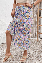 Pink Floral Print Lace-up High Waist Ruffle Hem Maxi Skirt