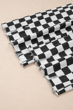 Black Checkerboard Print Distressed Holes Raw Edge Cropped Jeans