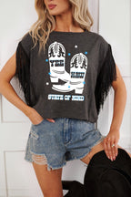 Carbon Grey YEE HAW Boots STATE OF MIND Fringed Sleeve Tee