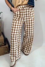 Brown Gingham Plaid Tie Elastic Waist Shift Pants