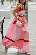 Red Stripe Bow Knot Straps Contrast Trim High Waist Ruffle Hem Maxi Dress