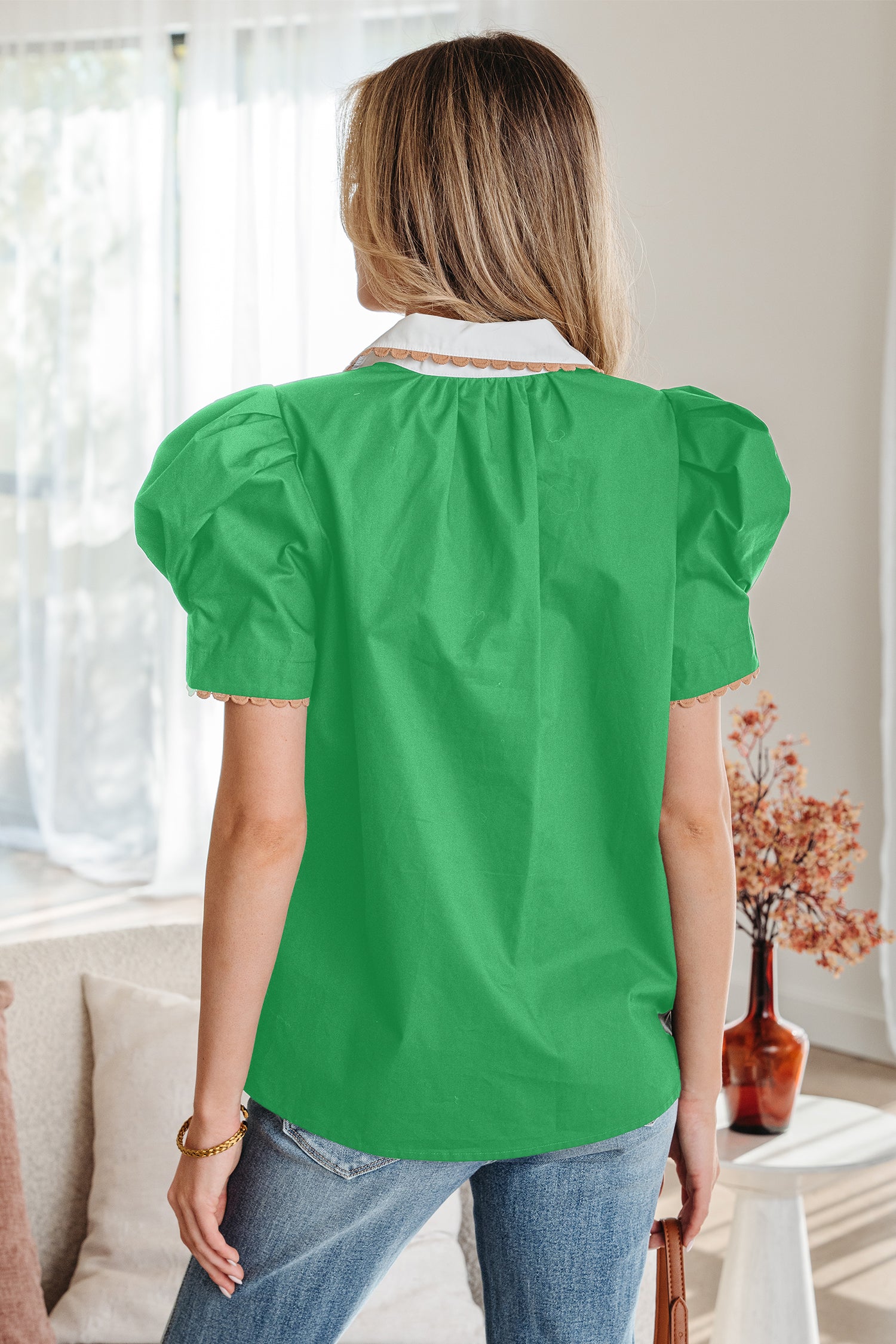 Ricrac Trim Color Block Patchwork Shirt Collar Short Sleeve Blouse