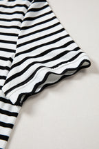Striped Scalloped Trim Round Neck T Shirt