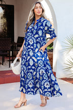 Blue Wild Floral Print Frilled Collar Half Sleeve Long Dress
