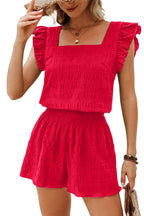 Textured Square Neck Top and Shirred High Waist Shorts Set