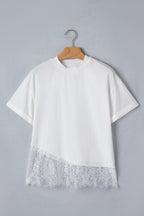 White Asymmetric Lace Hem Patchwork Tee