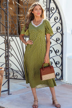 Green Polka Dot Print Lacy Neckline Smocked High Waist Maxi Dress