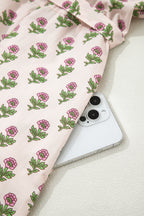 Pink Floral Print V Neck Scallop Trim Button Front Short Sleeve Long Dress