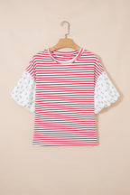 Red Stripe Floral Puff Sleeve Patchwork Round Neck Loose Top