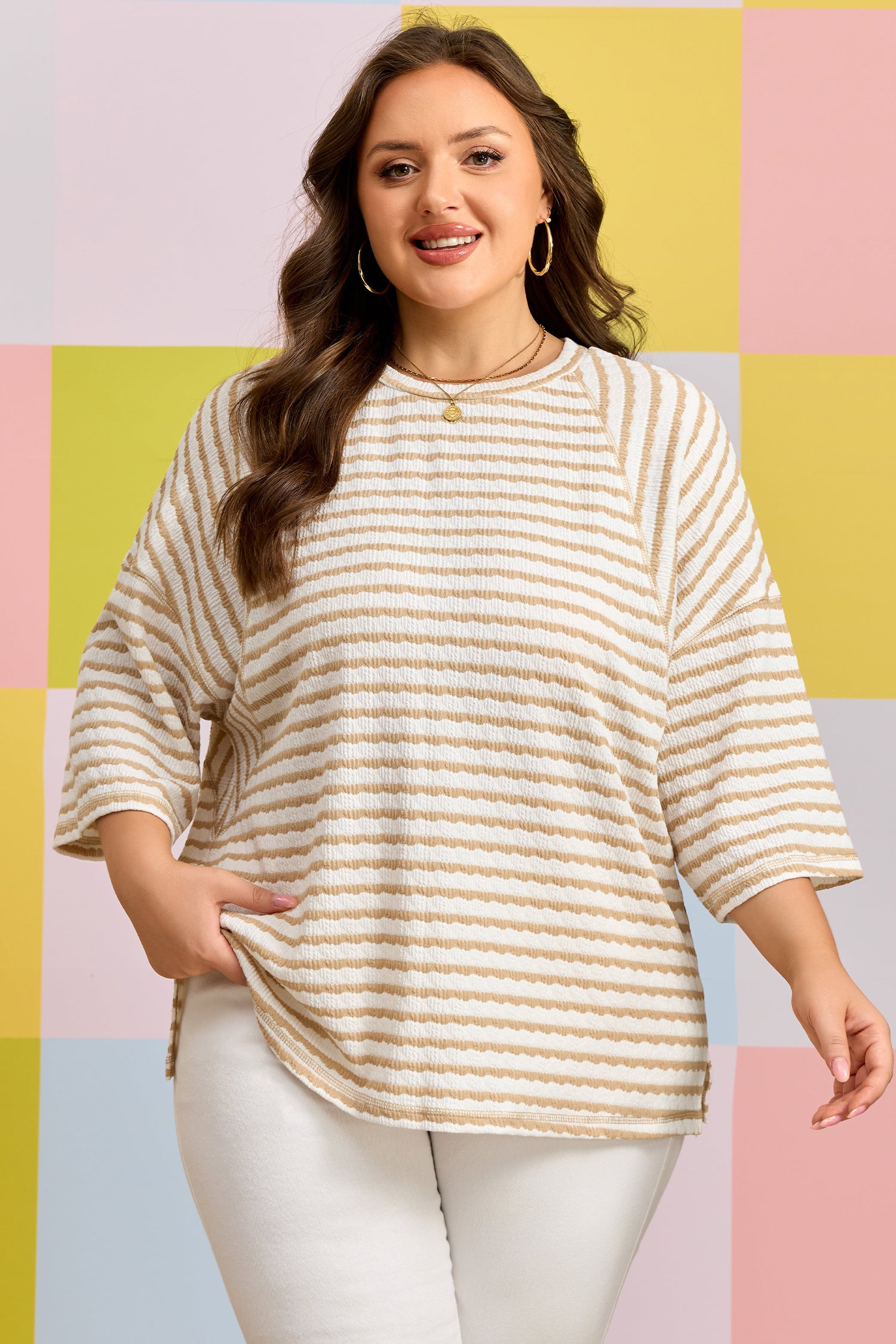 Striped Plus Size Textured Patchwork Detail Half Sleeve Top