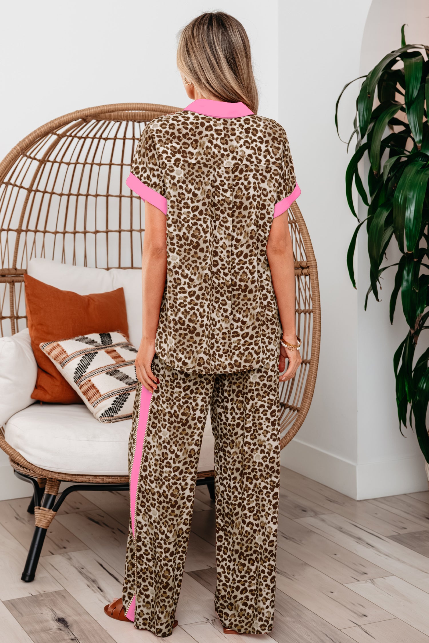 Contrast Trim Leopard Top and Pant Set