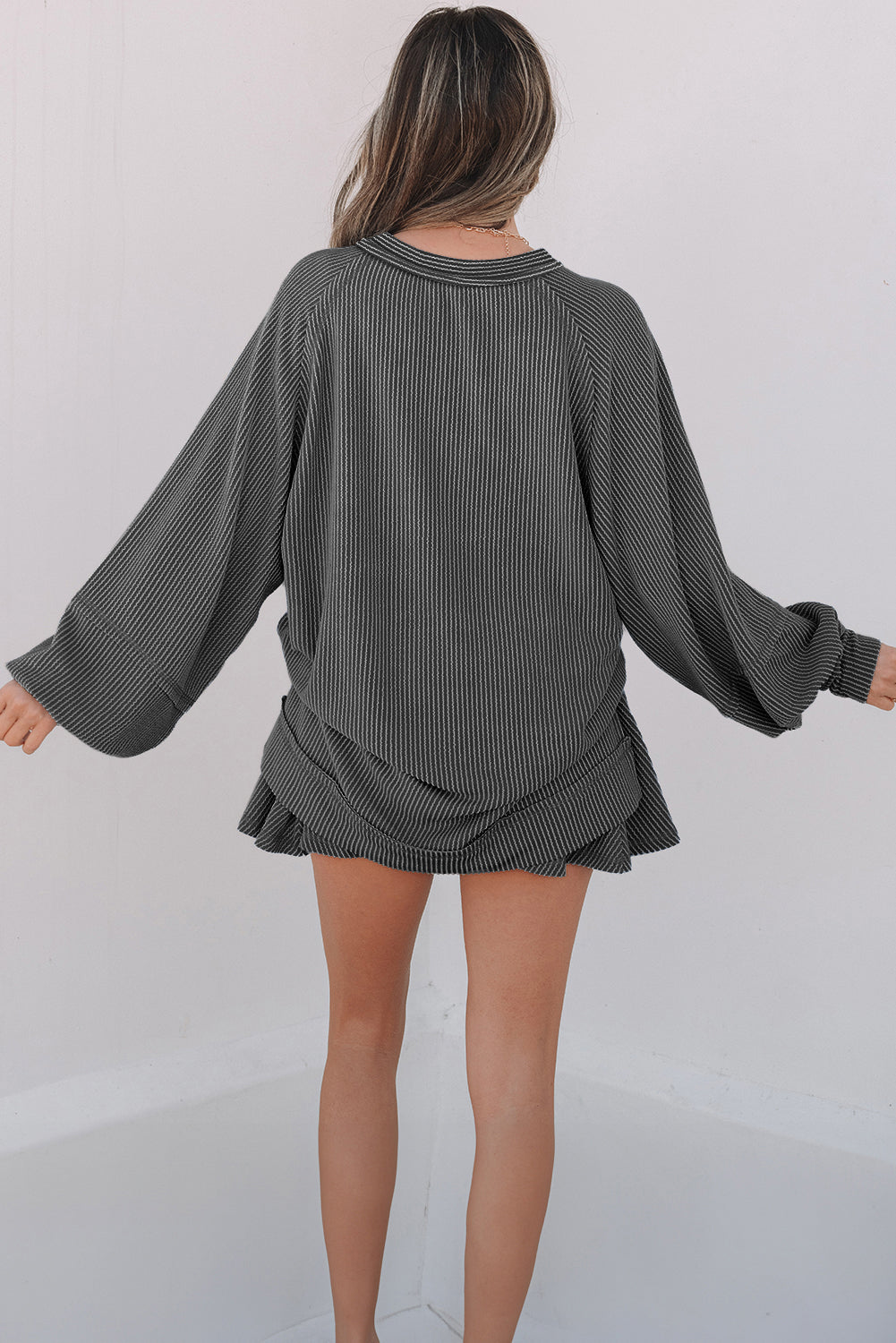 Corded Lantern Sleeve Top High Waist Ruffled Mini Skort Set