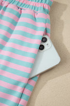 Striped Color Block Detail Long Sleeve Pullover Elastic Waist Pull On Shorts 2pcs Set