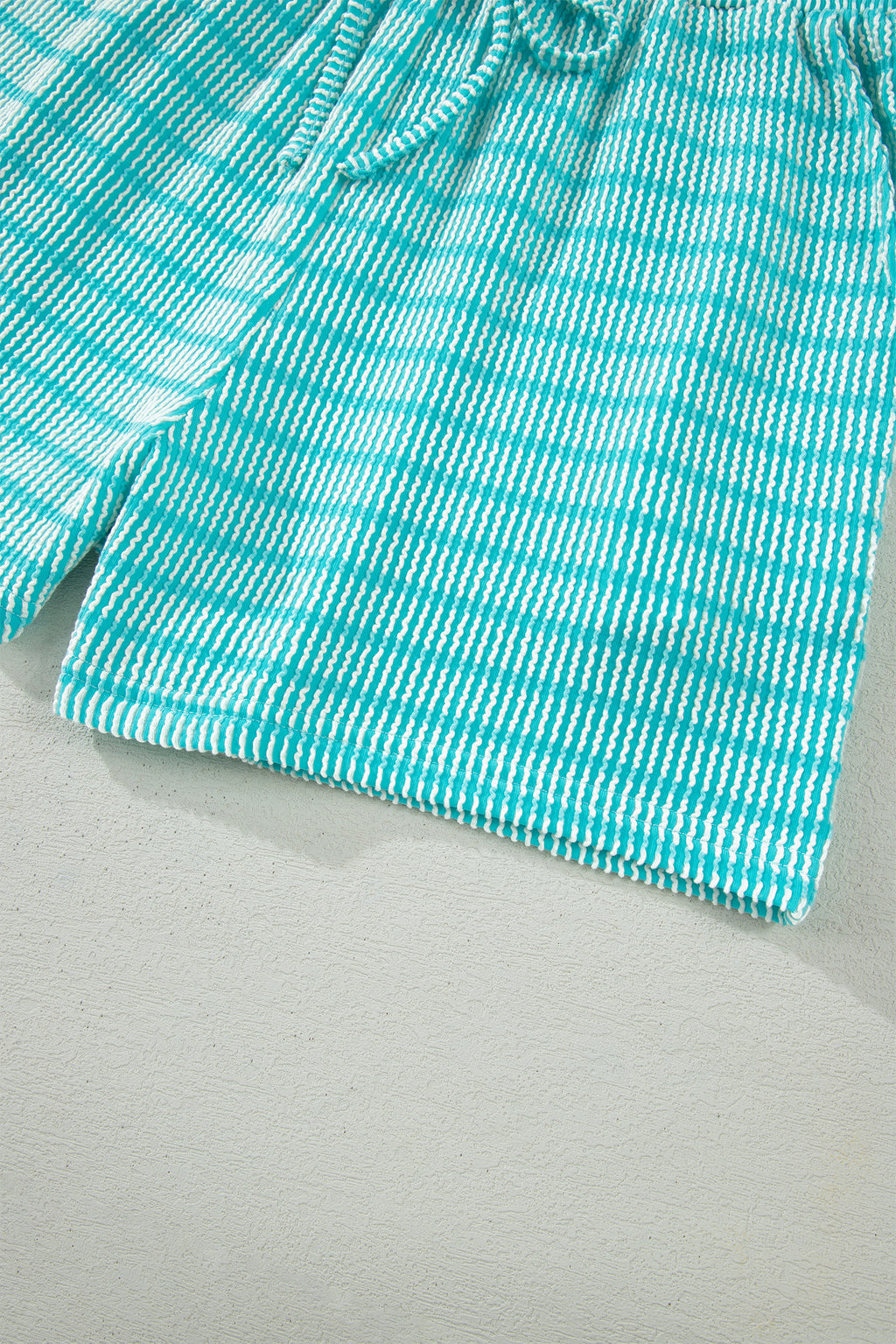 Striped Raised Rib Loose Tee Drawstring Elastic Waist 2pcs Short Set