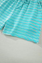 Striped Raised Rib Loose Tee Drawstring Elastic Waist 2pcs Short Set