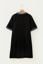 Black Colorblock Denim Collar Short Sleeve Plus Size Shift Dress
