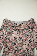 Black Floral Print Mesh Long Sleeve Foldover Off Shoulder Top