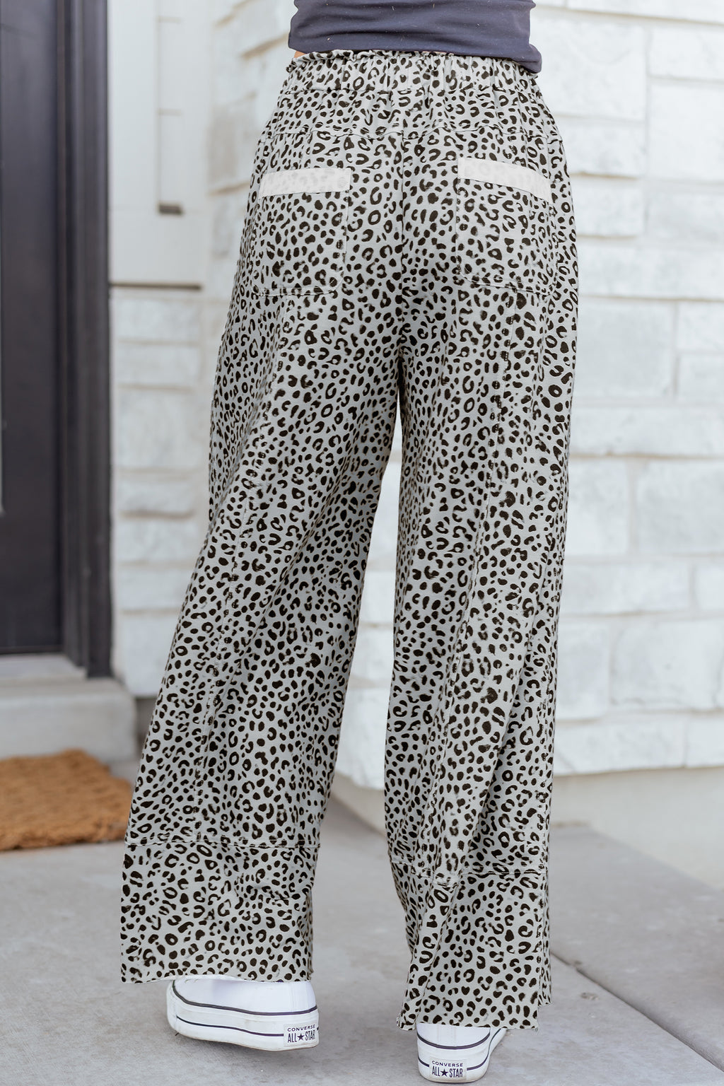 Grey Animal Print Wide Leg Terry Knit Pants