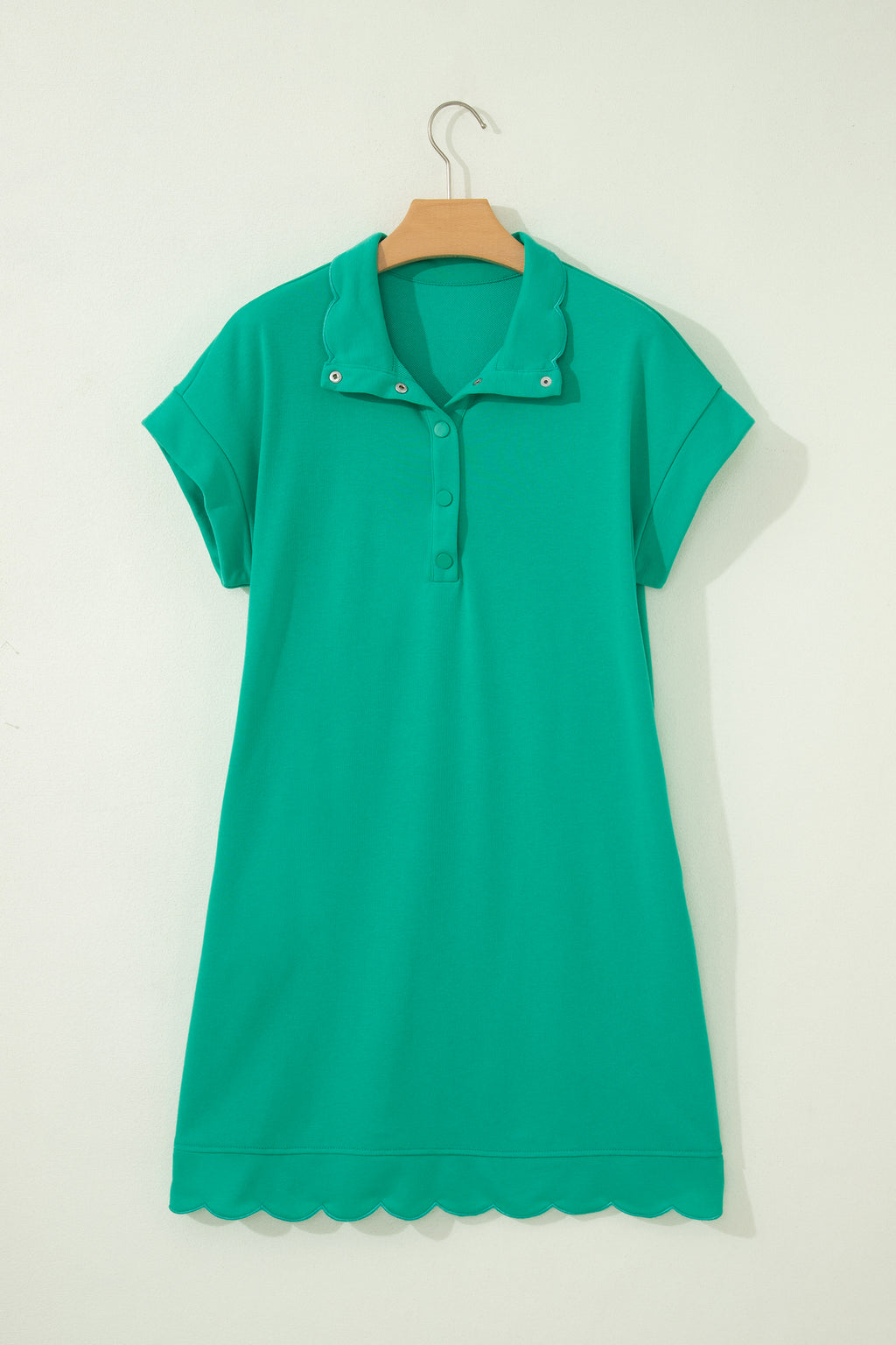 Solid Color Snap Button Polo Collar Short Sleeve Scallop Hem Mini Dress