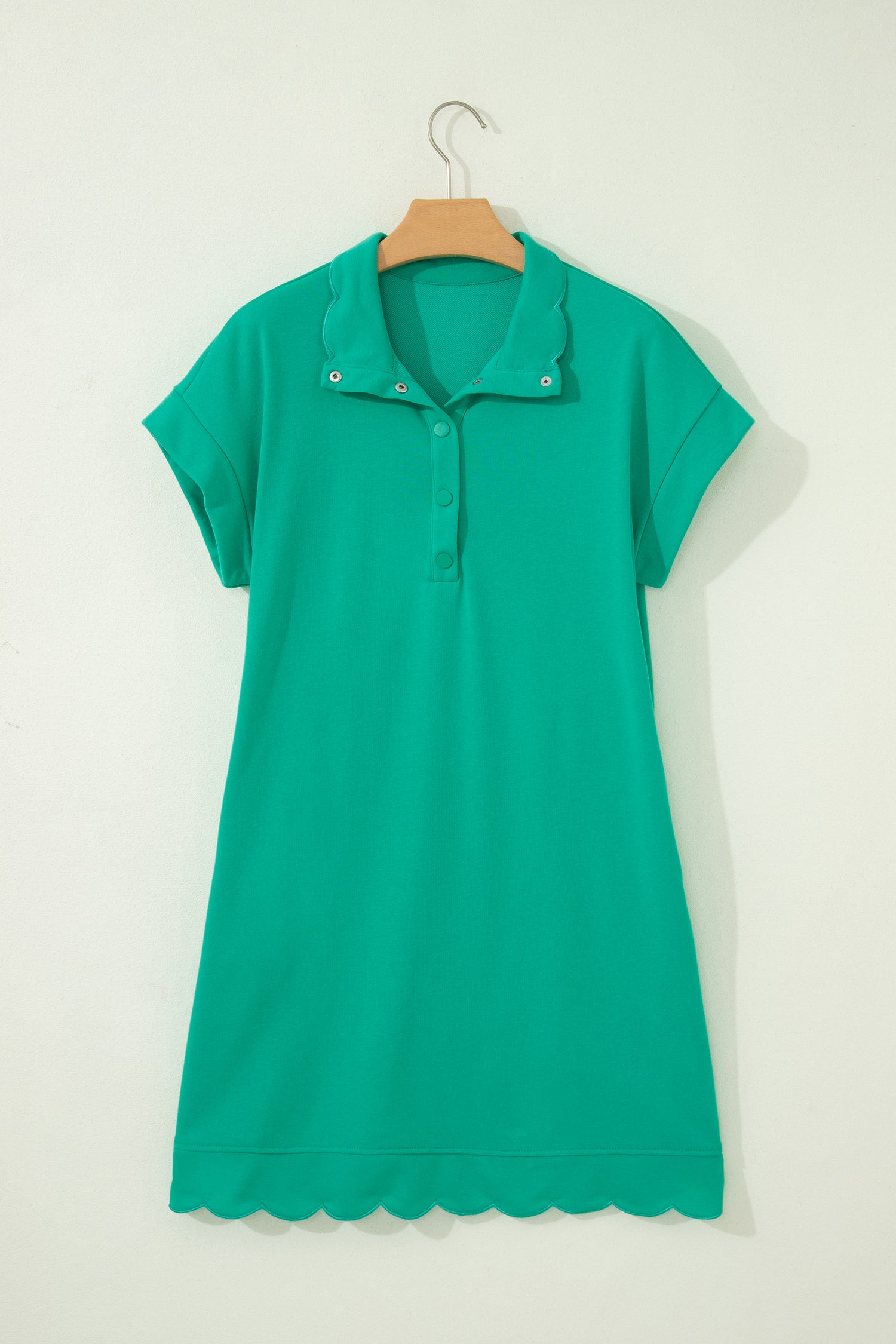 Solid Color Snap Button Polo Collar Short Sleeve Scallop Hem Mini Dress