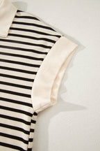 Black Stripe Ribbed Color Block Trim Zip Polo Tee Drawstring Shorts 2pcs Outfit