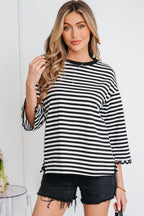Striped Print Drop Shoulder Lace Trim Bracelet Sleeve Loose Top