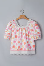 Pink Polka Dot Lace Trim Square Neck Puff Sleeve Blouse