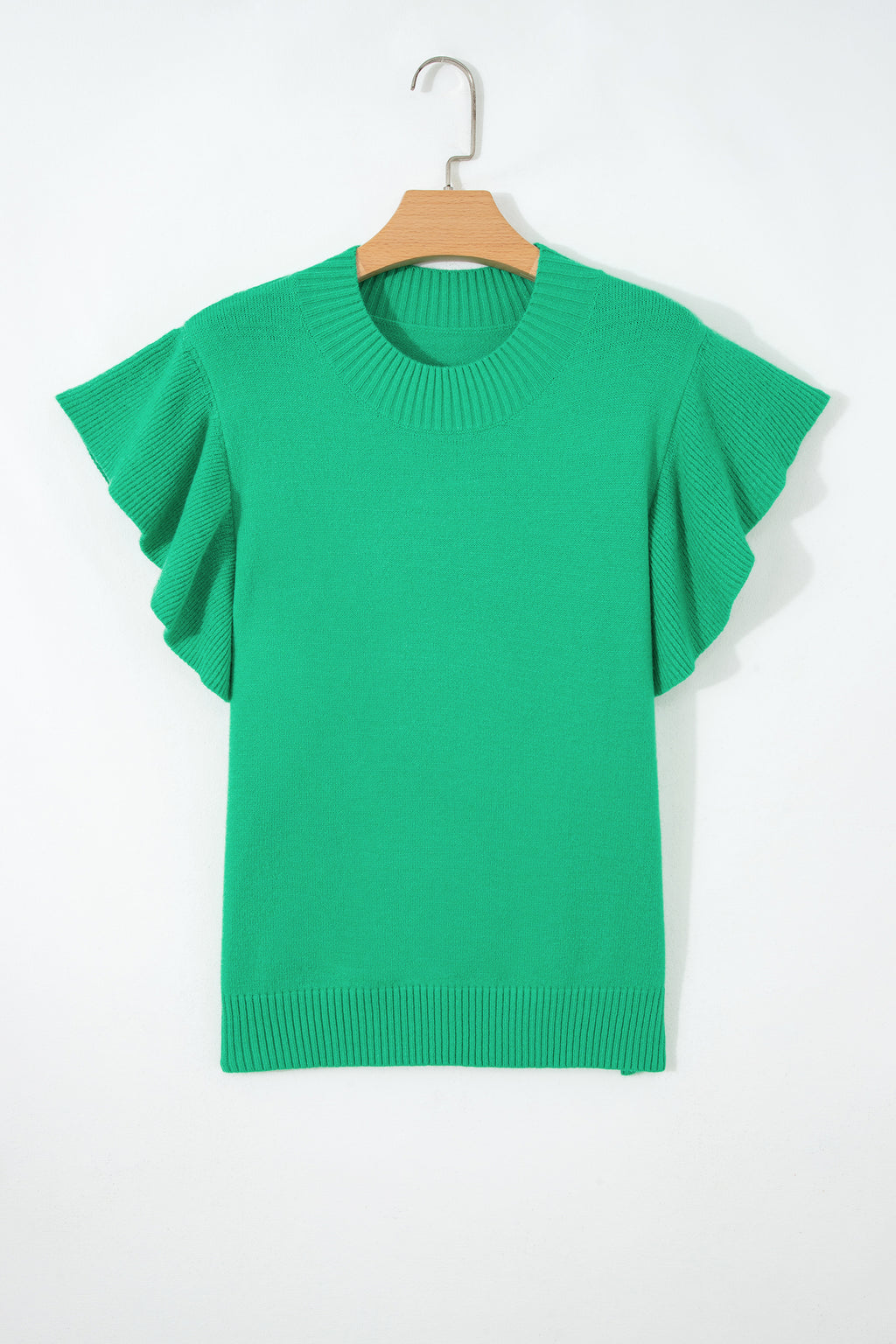 Solid Color Ribbed Trim Round Neck Ruffle Short Sleeve Sweater