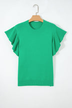 Solid Color Ribbed Trim Round Neck Ruffle Short Sleeve Sweater