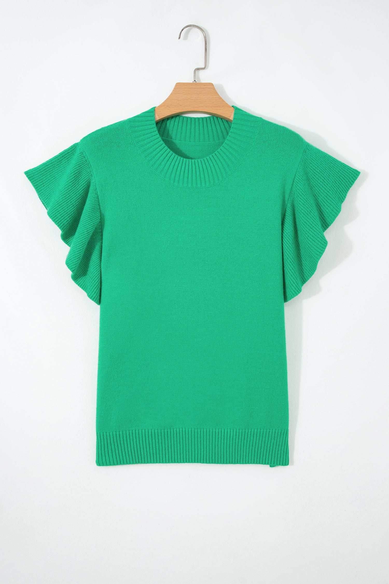 Solid Color Ribbed Trim Round Neck Ruffle Short Sleeve Sweater