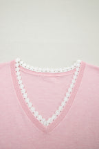 Strawberry Pink Lacy V Neckline Short Sleeve Sweater