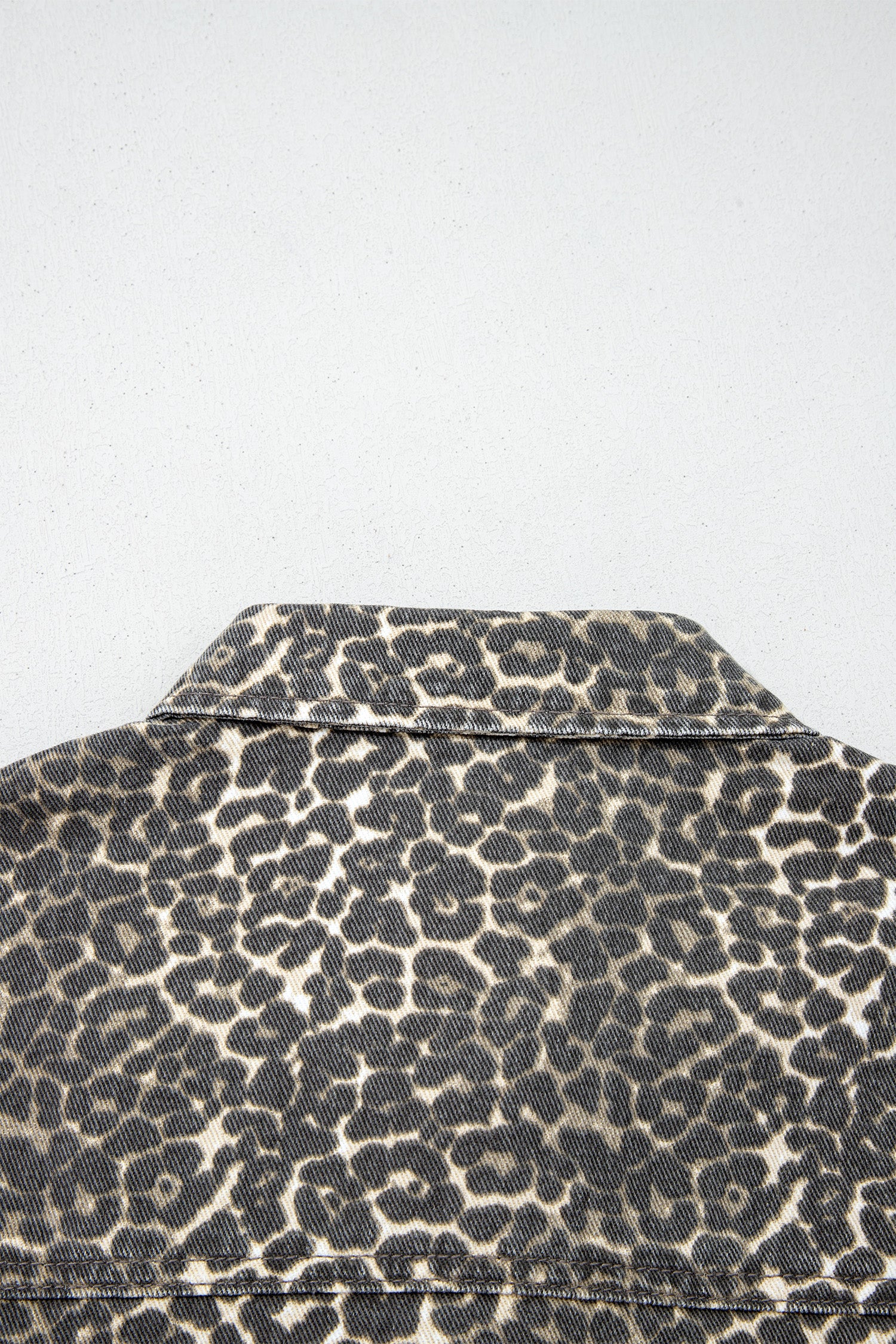 Grey Vintage Leopard Print Short Sleeve Loose Cotton Denim Shirt