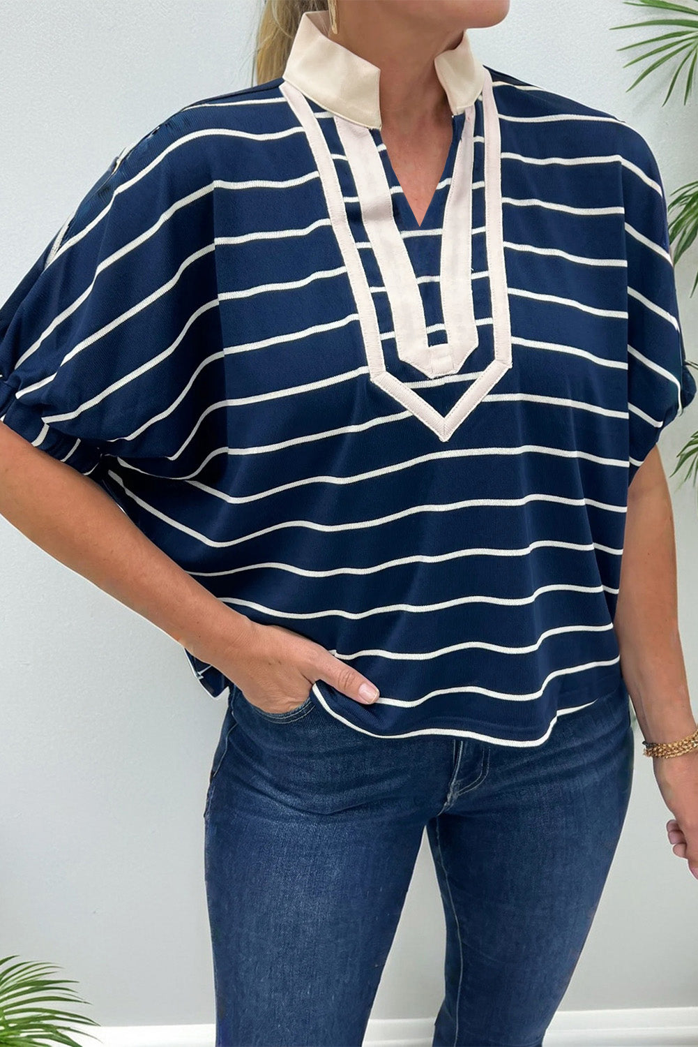Stripe Stand Collar V Neck Elastic Cuffs Half Sleeve Dolman Top