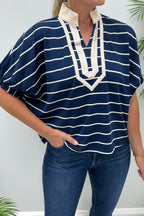 Stripe Stand Collar V Neck Elastic Cuffs Half Sleeve Dolman Top