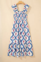 Sky Blue Ethnic Geometric Print Square Neck Smocked High Waist Ruffle Sleeve Dress