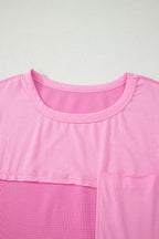 Solid Coluor Raw Seam Waffled Patchwork Casual T Shirt