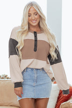 Jet Stream Color Block Waffled Patchwork Loose Henley Top