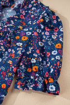 Blue Wild Daisy Floral Split Neck Short Puff Sleeve Mini Dress