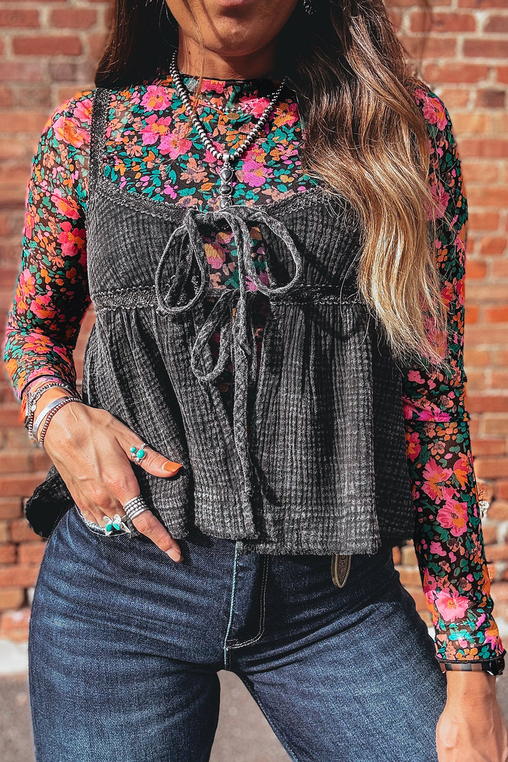 Slim Fit Floral Mesh Long Sleeve Mock Neck Top