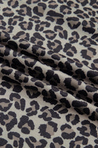 Khaki Leopard Print Half Zip Striped Trim Patchwork Short Sleeve Top
