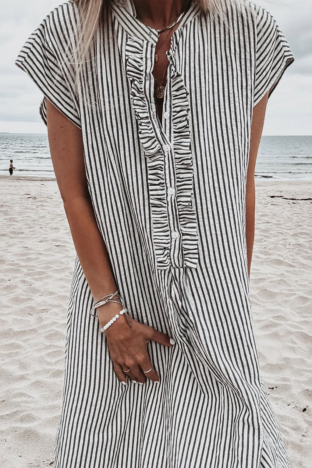 Striped Frilled Detail Half Buttons Short Sleeve Long Dress