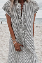 Striped Frilled Detail Half Buttons Short Sleeve Long Dress