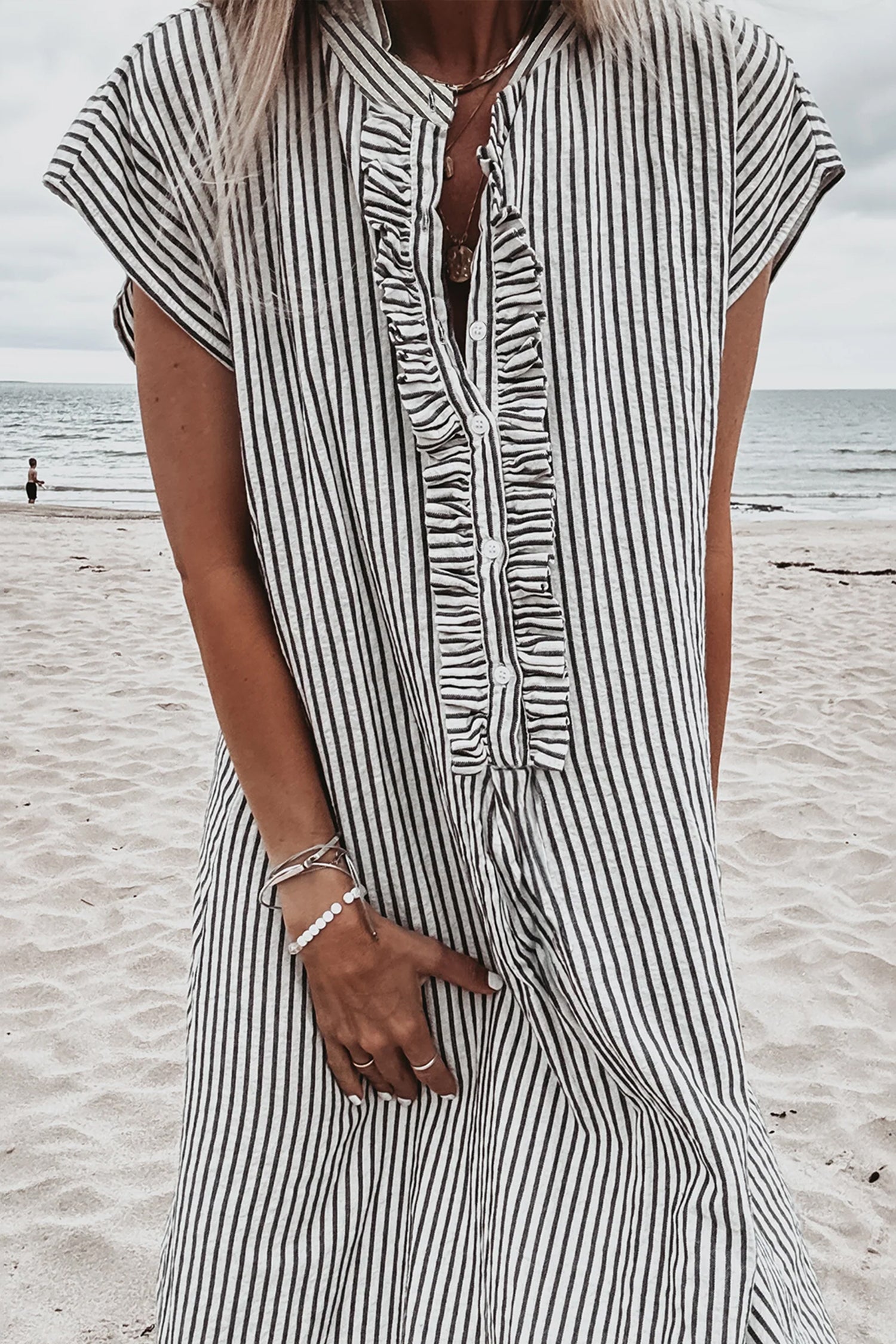 Striped Frilled Detail Half Buttons Short Sleeve Long Dress