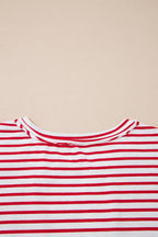 Red Stripe Floral Puff Sleeve Patchwork Round Neck Loose Top