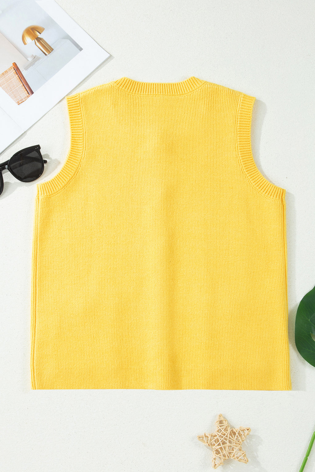 Solid Color Sleeveless Knit Button Pocketed Sweater