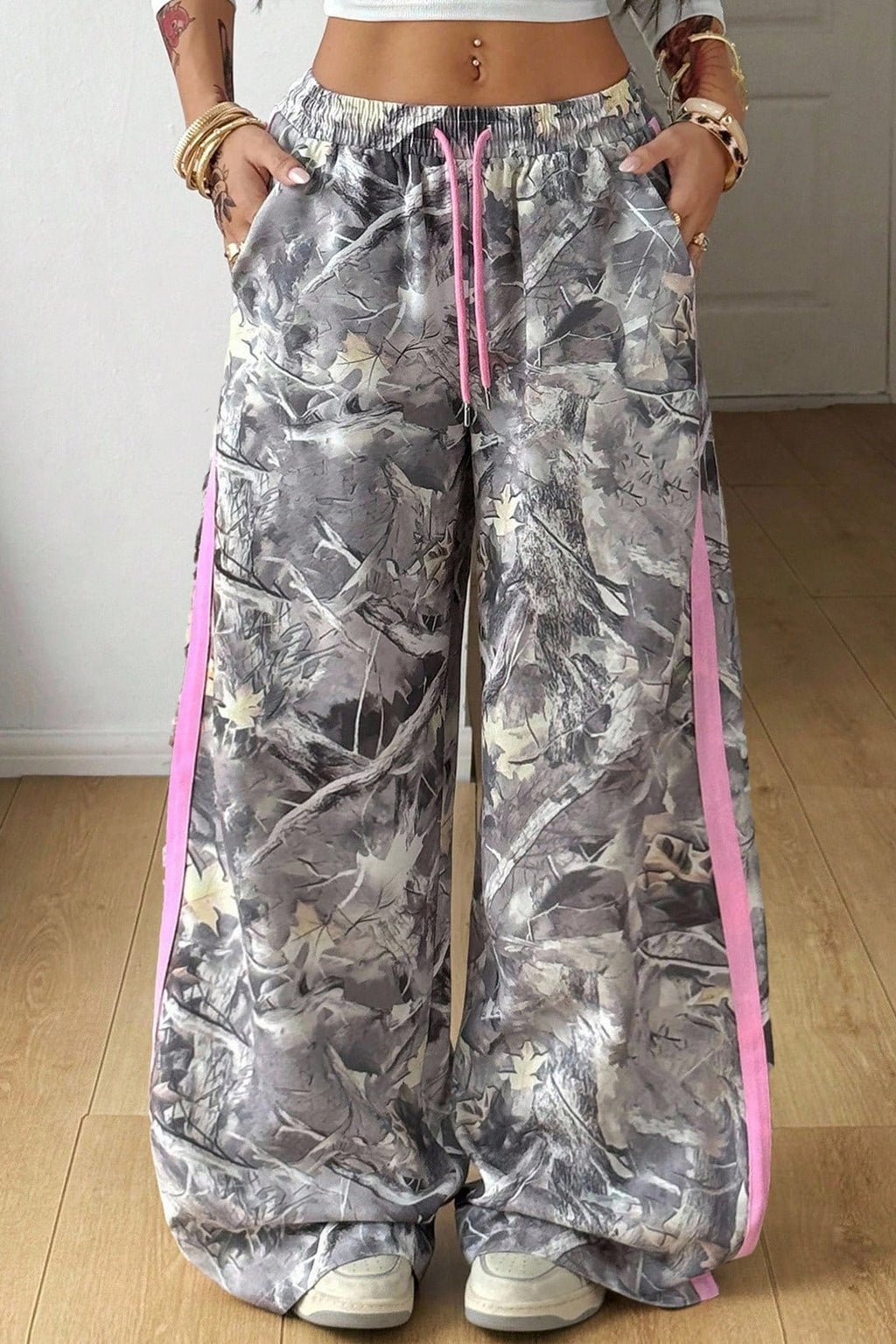 Grey Camo Woodland Print Colour Block Detail Drawstring Wide Leg Sweatpants