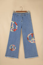 Myosotis Floral Peace Sign Embroidered Patch Wide Leg Jeans